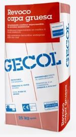 Mortero proyectable e impermeable, Revoco base de Gecol. Gris. Saco 25 kg